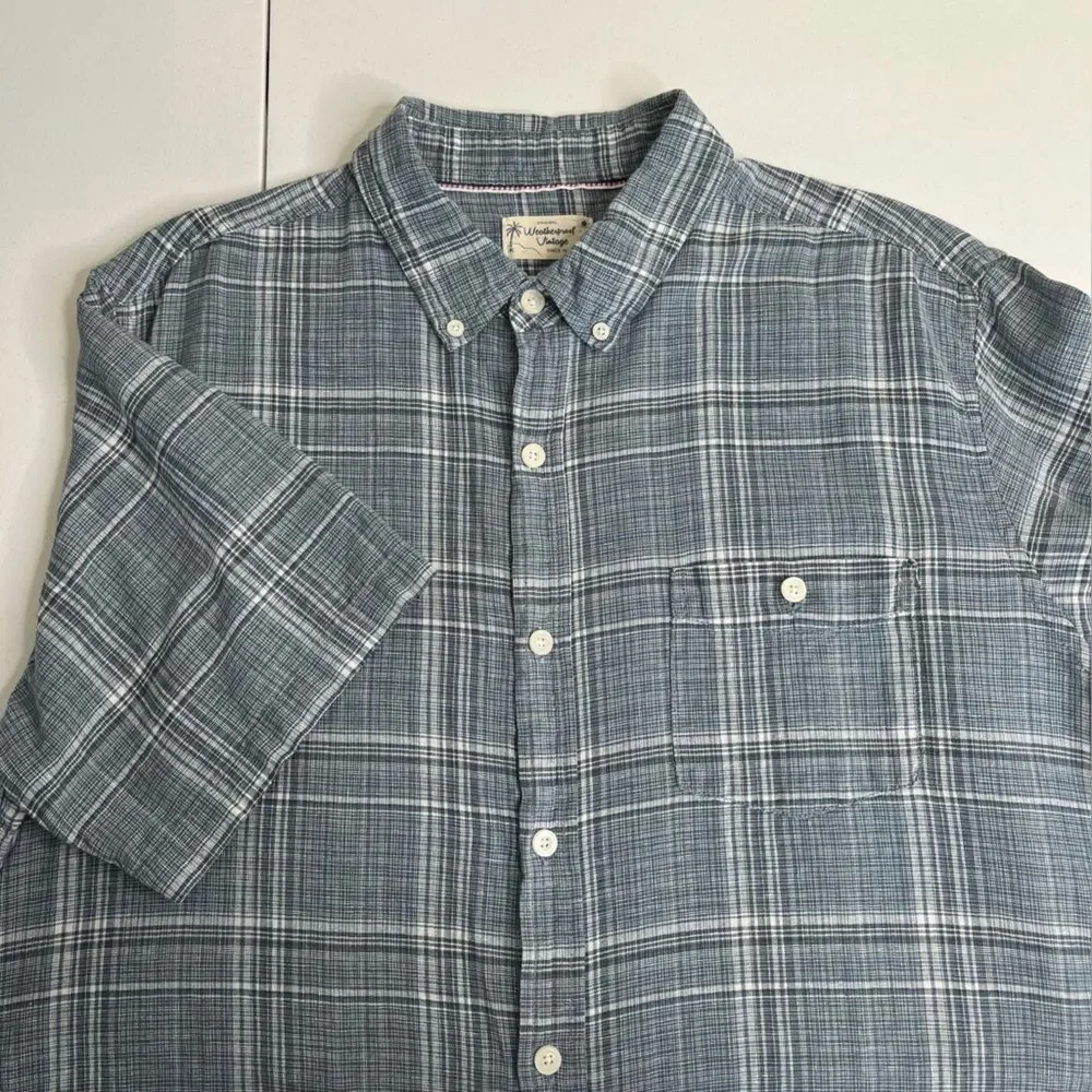 Weatherproof Vintage Linen Blend Blue Plaid Short Sleeve Button Front Men XL